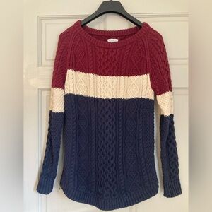 LL Bean Signature Women Chunky Cable Knit Pullover USA Sweater Red White Blue XS